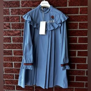 Gucci dress loved poplin light blue logo/web Girls SZ 10 NWT